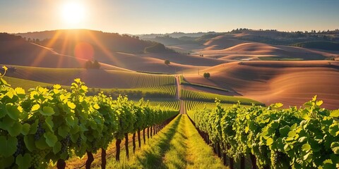 Fototapeta premium Sun-drenched vineyard rows stretching across a rolling rural landscape, lush green vines heavy with grapes, green, pastoral