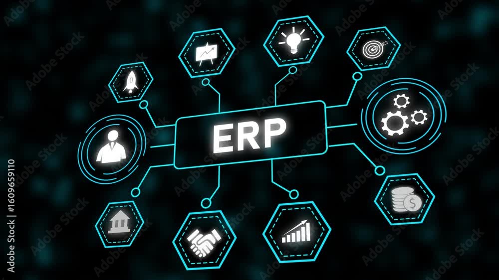 Poster enterprise resource planning e r p system business technology animation abstract network data. erp s