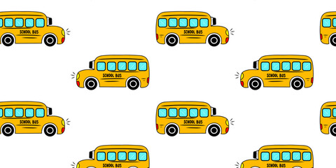 Seamless pattern yellow school bus transport background. Doodle sketch style vector pattern. Perfect for textile, wrapping paper, greeting cards and posters for kindergarten. © IRYNA