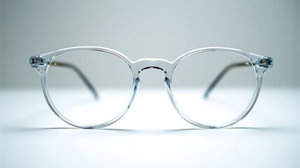 Transparent eyeglass frames with round lenses are displayed against a neutral background, highlighting modern minimalist eyewear design.