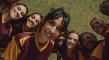 Fototapeta premium A group of young women in sports uniforms smiling and posing for a cheerful team selfie outdoors on grass.