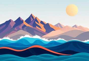 Abstract landscapes featuring stylized mountains and ocean waves; contemporary vector art, mountain, digital