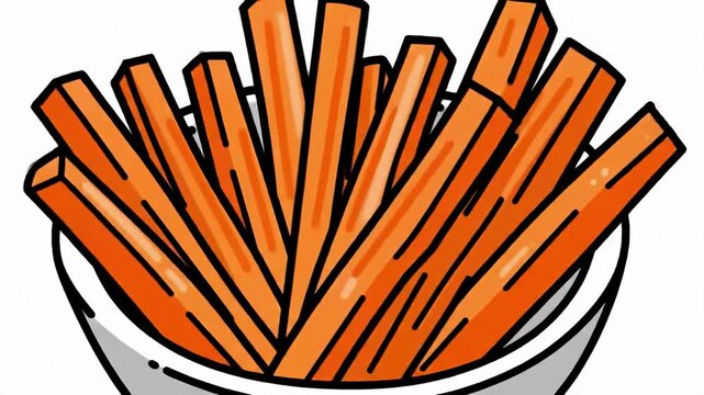 Cartoon drawing of orange french fries in a container with thick black outlines