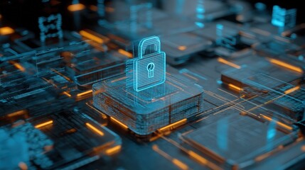 A digital lock icon representing cybersecurity and data protection on a futuristic circuit board with glowing blue and orange lines.