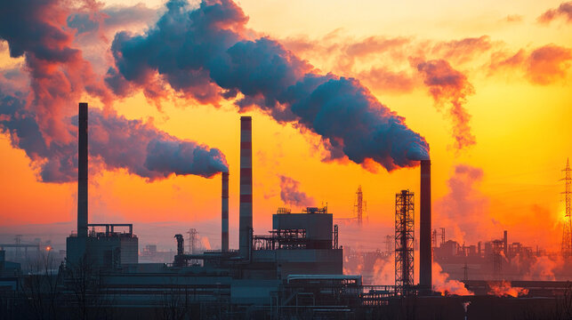 Industrial factory at sunset with smokestacks emitting pollution.