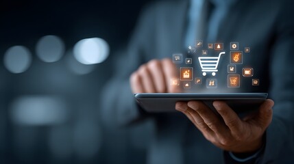 E-commerce on Tablet: Man Shopping Online with Digital Cart Icons