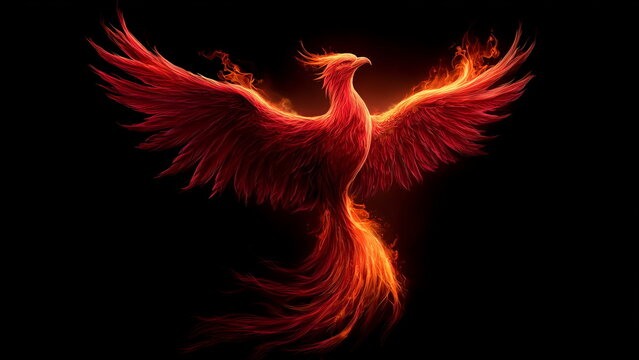 Flaming Pheonix flying with wings spread apart in dark background, mythical creature.