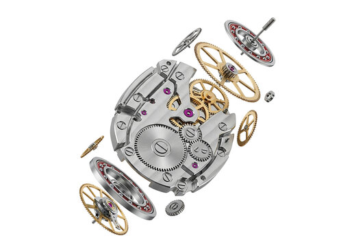 Deconstructed luxury Swiss watch mechanism with levitating parts in a knolling arrangement. 8K photorealistic macro render isolated on a white background.