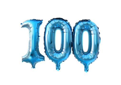 metallic festive 100 number shape of blue balloons isolated on white or transparent png