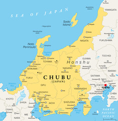 Chubu, region of Japan, political map. Also known as Central Region or Central Japan, a region in the middle of main island Honshu, encompassing nine prefectures. Map with capitals and largest cities.