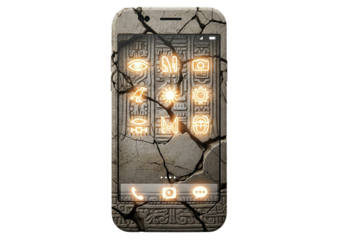 Ancient artifact smartphone carved from weathered stone, with glowing hieroglyph icons. 8K photorealistic render isolated on a white background.