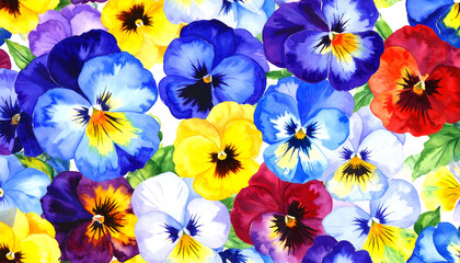 Vibrant Watercolor Floral Pattern with Colorful Pansy Flowers