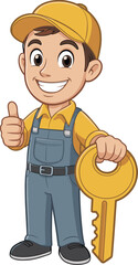 Cartoon locksmith character smiling, wearing uniform and cap, holding big golden key and showing thumbs up, perfect for locksmith service, security, home repair