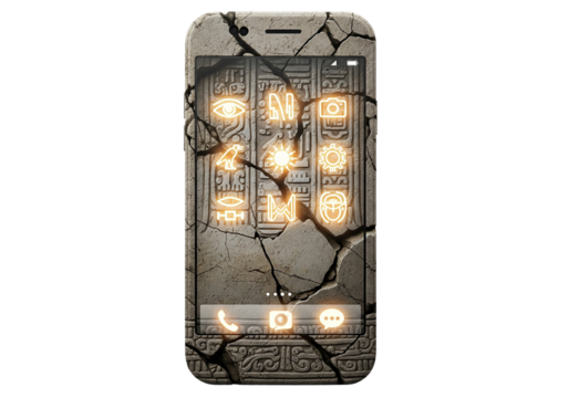 Ancient artifact smartphone carved from weathered stone, with glowing hieroglyph icons. 8K photorealistic render isolated on a white background.