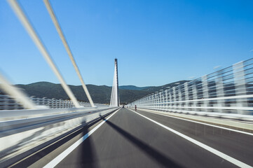 Speeding across Pelješac Bridge Croatia scenic cable stayed highway fast driving