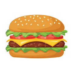 Cheeseburger sandwich beef burger, classic fast food with lettuce tomato cheese and grilled patty in flat vector illustration for snack meal design and menu icon

