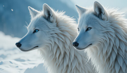 Obraz premium Two white wolves with blue eyes standing in a snowy environment