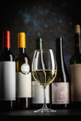 A dark, elegant still life of white wine in a glass with wine bottles and fresh grapes in the background. Perfect for wine-themed compositions
