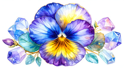 Vibrant Watercolor Pansy Flower with Gemstones and Leaves Arrangement