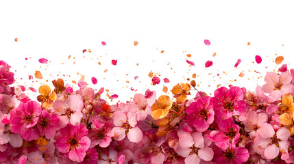 Vibrant flowers with scattered petals on transparent background
