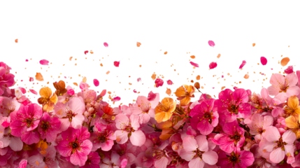Vibrant flowers with scattered petals on transparent background