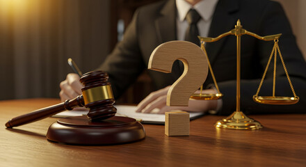 A lawyer with gavel scales and question mark on the desk
