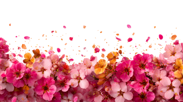 Vibrant flowers with scattered petals on transparent background