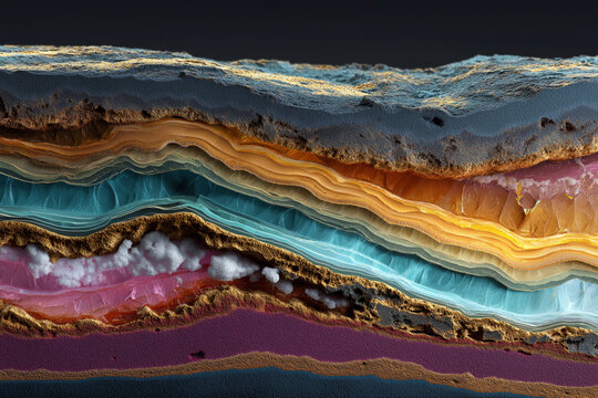 Cross-section of colorful mineral layers including uranium and quartz, geological analysis setup.