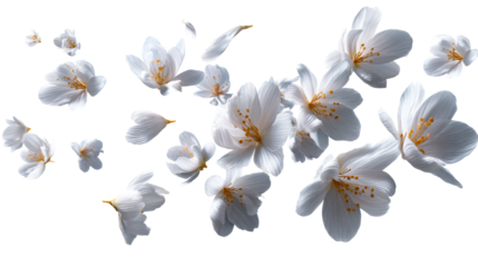 Blossoming white flowers dancing on a transparent background