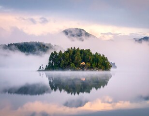 Fototapeta premium Misty lake sunrise. Tranquil island