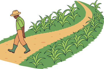 Obraz premium Farmer in rubber boots walks on a dirt road beside green crops, symbolizing hard work in agriculture, modern flat illustration style.
