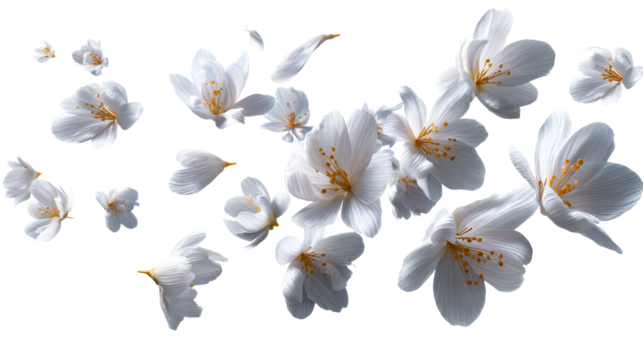 Blossoming white flowers dancing on a transparent background