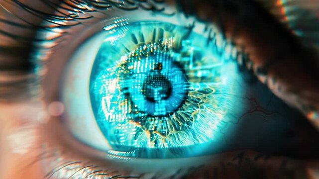 Close-up shot of a person's eye featuring a cityscape pattern in the iris