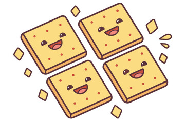 Cheerful cartoon crackers with smiling faces positioned in a square grid on a white background, offering a playful and fun snack theme, modern flat illustration style