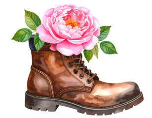 Vintage Boot with a Beautiful Pink Flower and Green Leaves