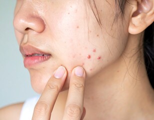 Close-up of a woman's face with acne