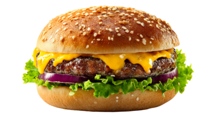 Juicy cheeseburger with fresh toppings on a transparent background