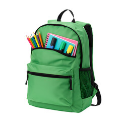 A vibrant green backpack stuffed with colorful pencils and a notebook, ready for school, isolated on white or transparent background. PNG