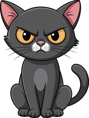 Cartoon illustration of angry black cat with yellow eyes sitting, perfect for Halloween, pets, emotions, humor, comics, children, and animation designs
