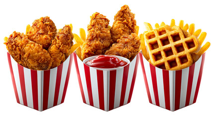 Fried chicken, waffles, and fries served in striped containers