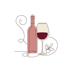 Elegant wine bottle and glass with swirling lines, showcasing a minimalist design for decor