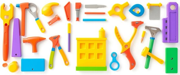 Brightly colored flat cartoon building tools and elements isolated on white,  wood,  wrench