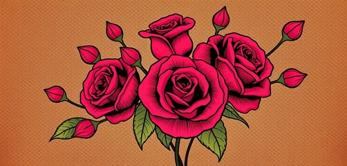 Elegant vintage rose bouquet line art pattern on textured luxury background, wedding background, vintage pattern
