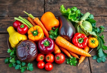 Vibrant organic vegetables on rustic wood; copy space,  clean eating,  fresh