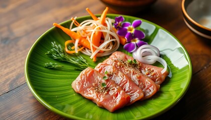 Green round plate, raw beef, onion salad, carrot, edible flowers Japanese fine dining, copy space, Japanese food,  fresh