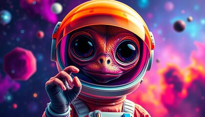Large-eyed alien in vibrant space suit explores colorful nebula,  friendly,  sci-fi