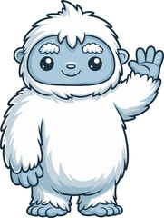 Cute cartoon yeti character with blue face and fluffy white fur, waving hand illustration perfect for winter, animation, children's design, greeting