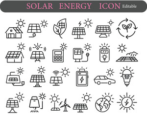 A collection of line art icons representing various aspects of solar energy and renewable power