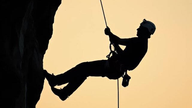 Silhouetted climber rappelling from rock face against golden sky