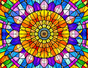 Vibrant Circular Stained Glass Design with Colorful Floral Patterns
